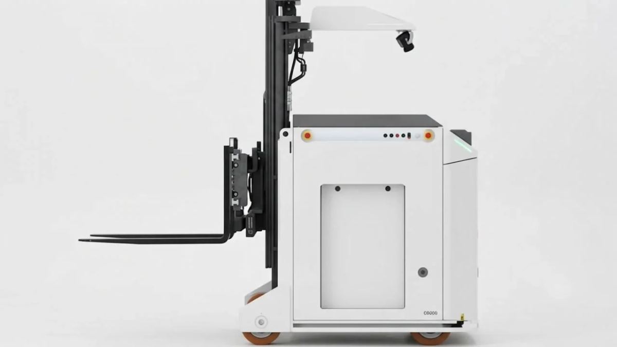 Forklift-style autonomous mobile robot with a raised mast and forks