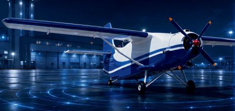 A fixed-wing VTOL drone on an apron at night
