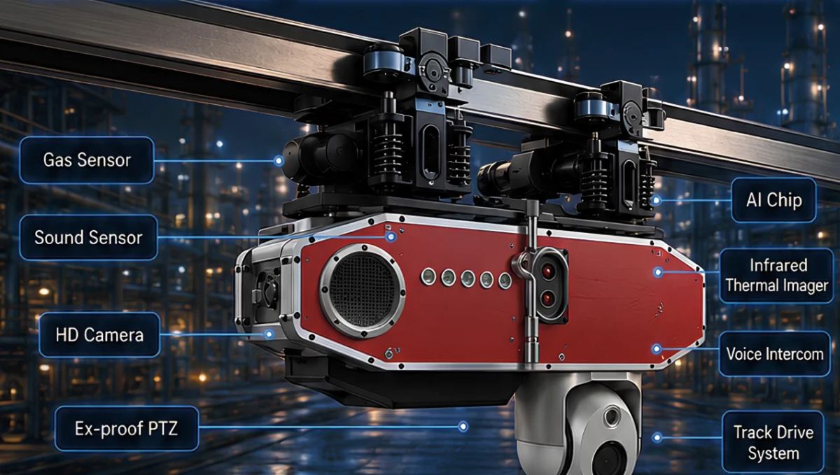 Overhead track-hanging inspection robot with infrared and gas sensors