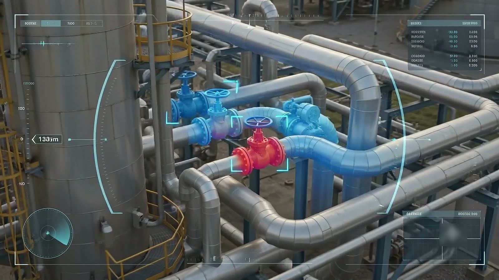 A pipe rack with valves, as the robot's camera sees it
