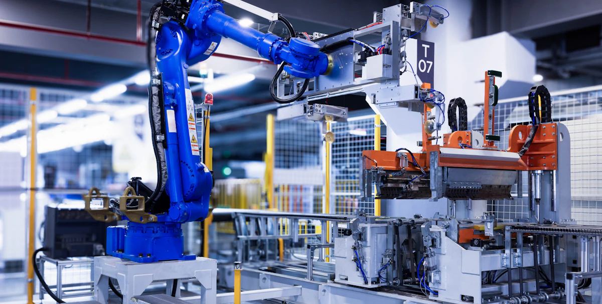 Industrial robot arm working on a production line