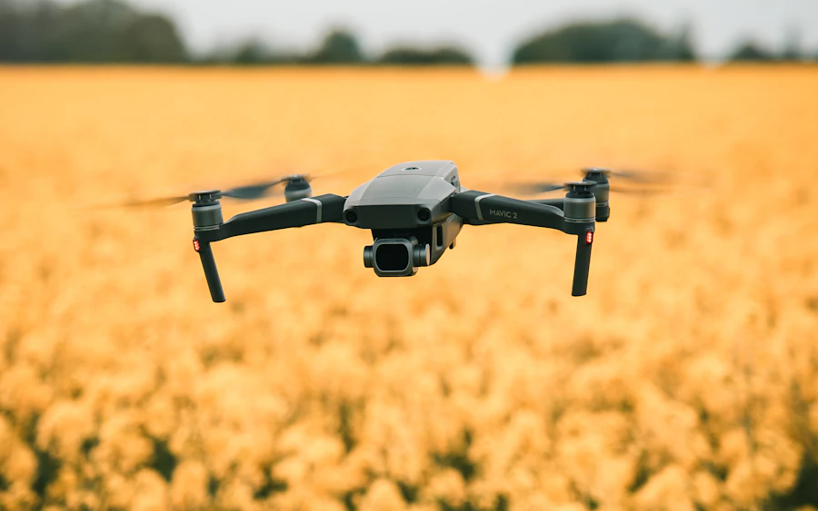 Drone flying over an agricultural crop field