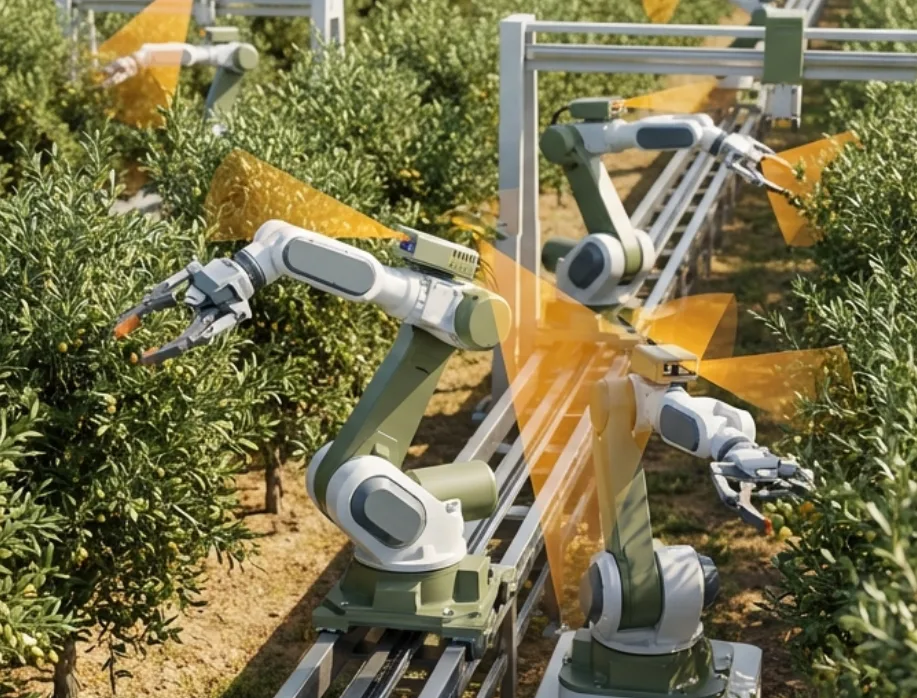 Vision-guided robotic arms harvesting in a field