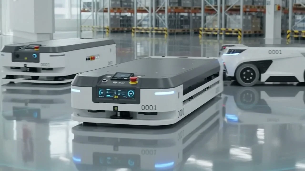 Low-profile autonomous mobile robots moving across a warehouse floor