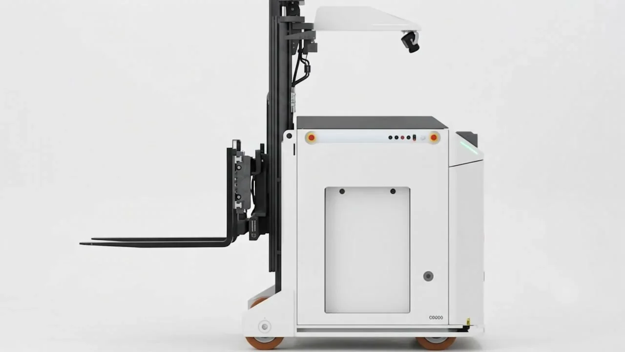 Forklift-style autonomous mobile robot with raised mast and forks