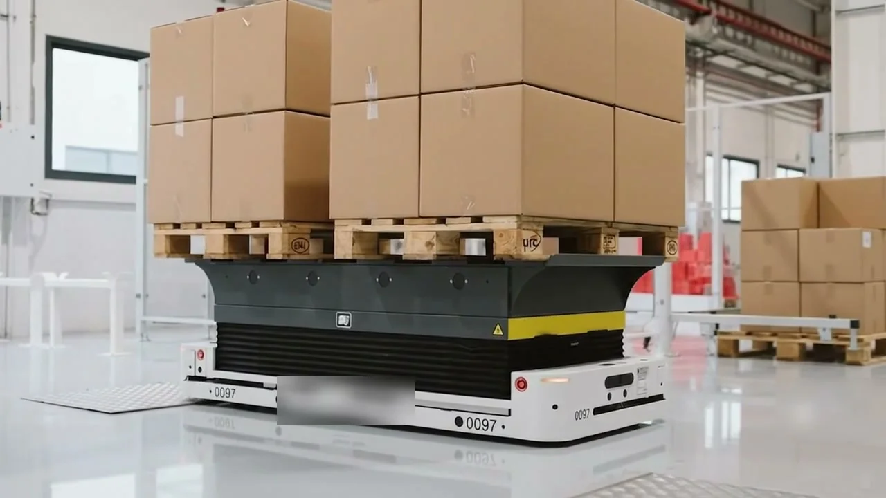 Autonomous mobile robot carrying a stacked pallet load in a warehouse