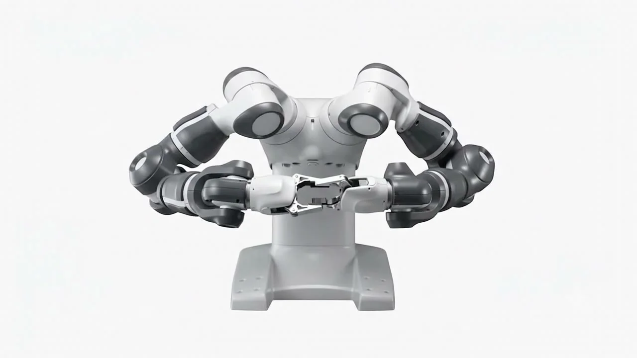 Dual-arm collaborative robot handling a workpiece with both arms