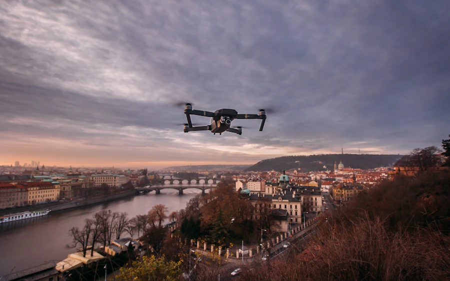 Autonomous aerial cargo drone in flight over a city