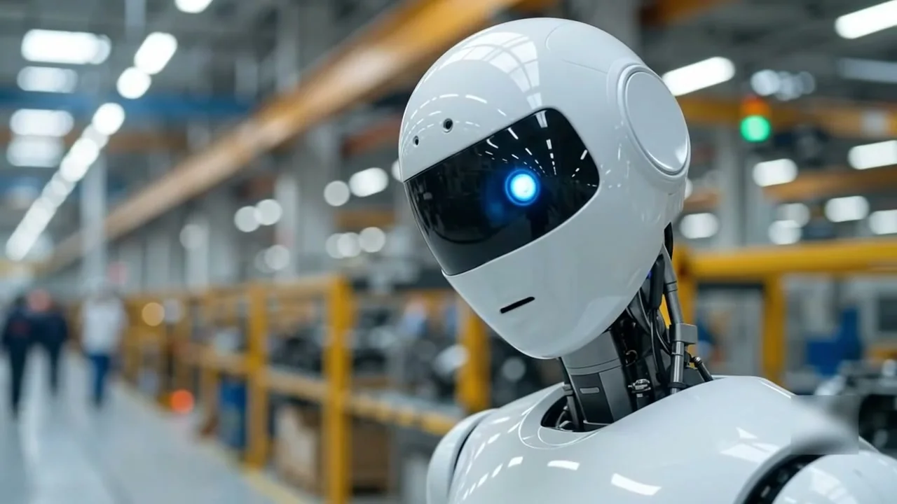 Humanoid robot on a production line in a manufacturing facility