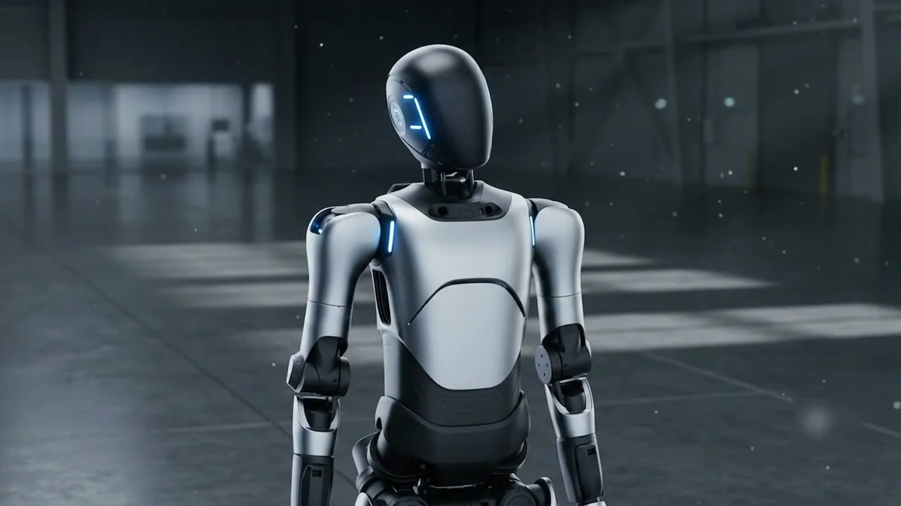 Humanoid robot walking through a dim industrial facility